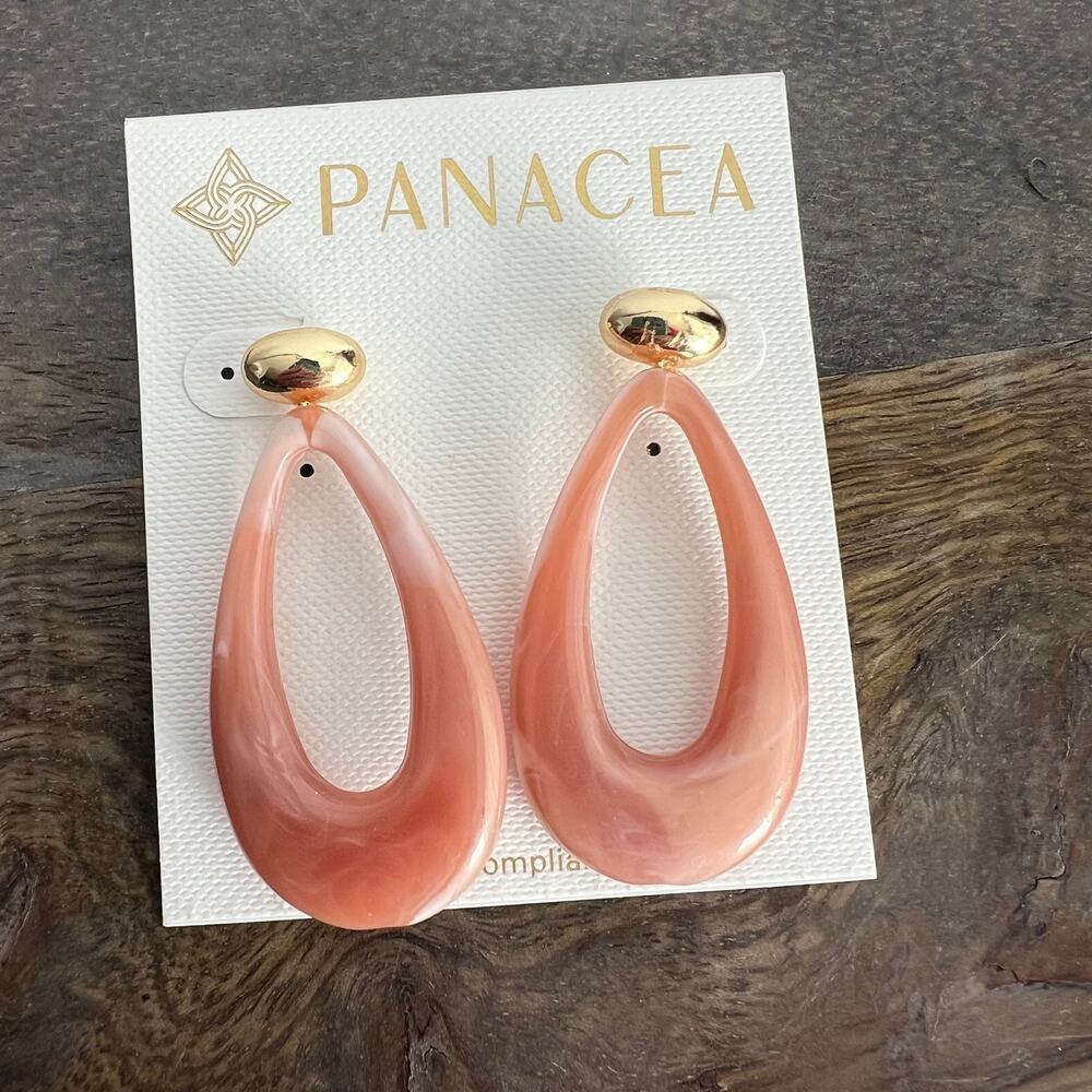 New Panacea Peach Marble Acrylic and Gold Tone Dangle Drop Post Earrings